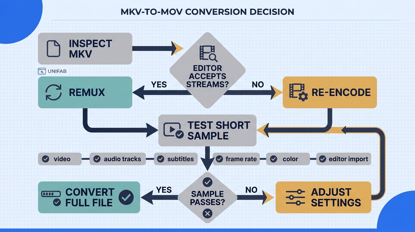 Decision flowchart for inspecting MKV streams, choosing remux or re-encode, testing a sample, and va