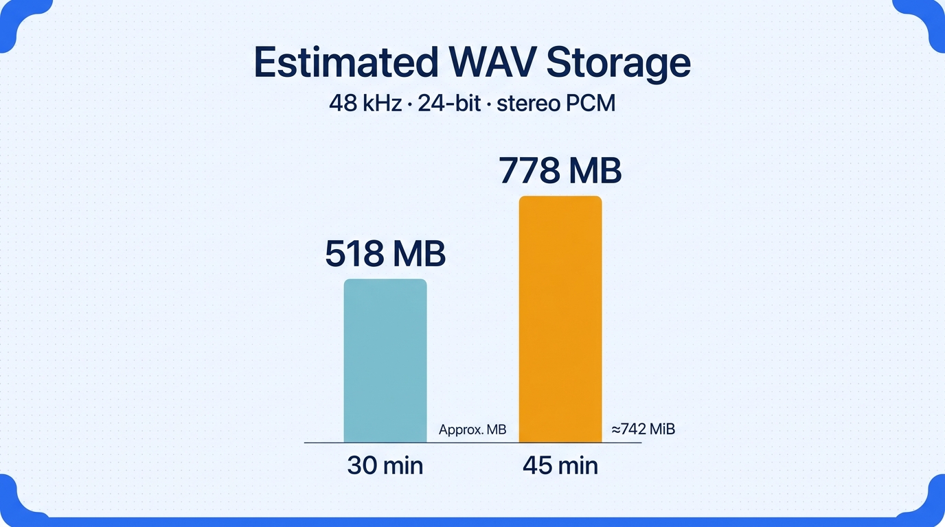 Bar chart comparing calculated WAV storage of 518 MB for 30 minutes and 778 MB for 45 minutes at 48 