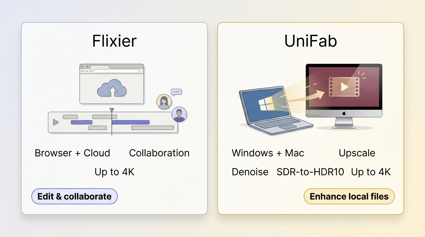 Flixier browser collaboration compared with UniFab local 4K upscaling, denoising, and SDR-to-HDR10 r