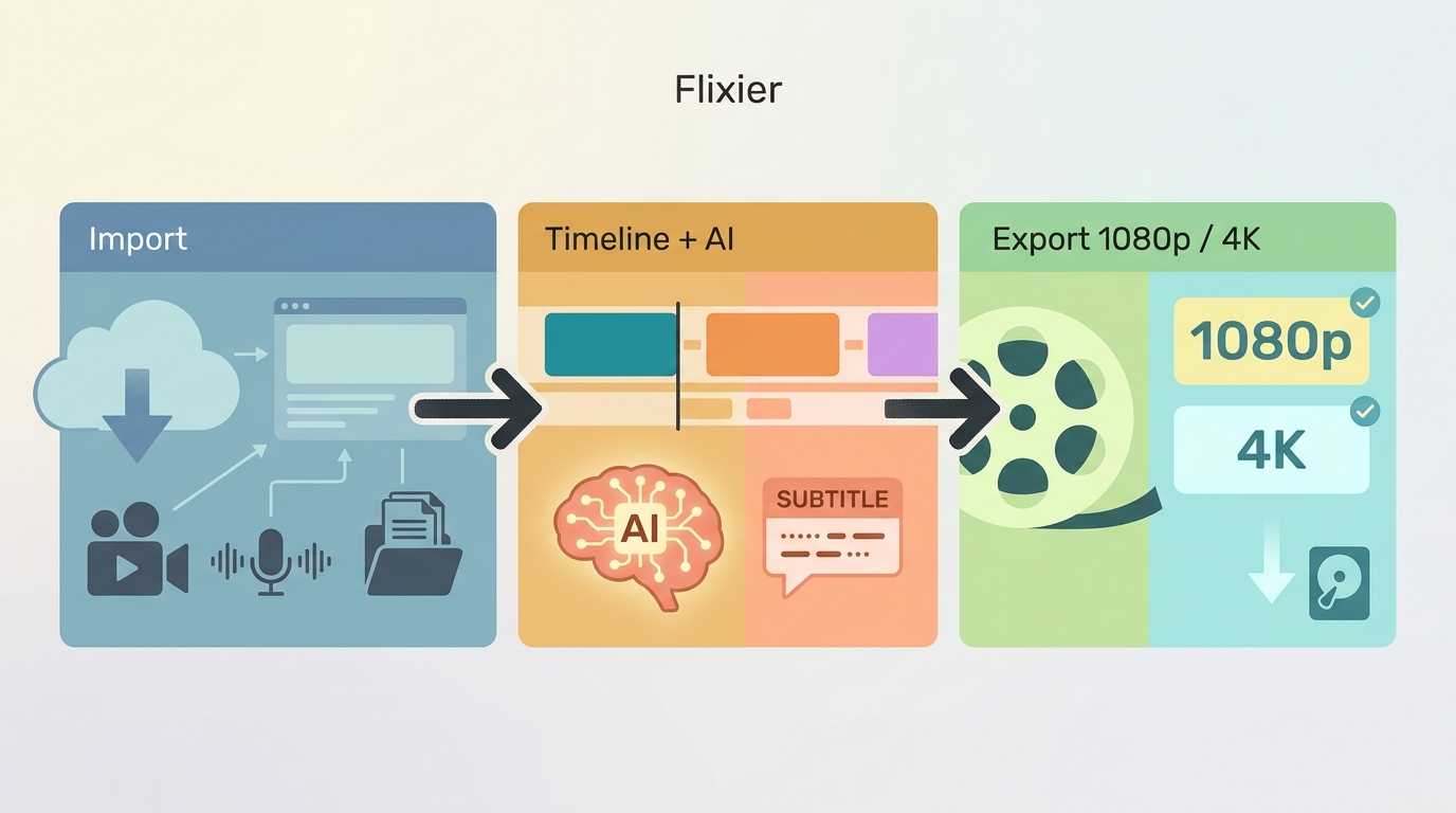 Flixier workflow from media import and timeline editing to Eva AI tools and export.