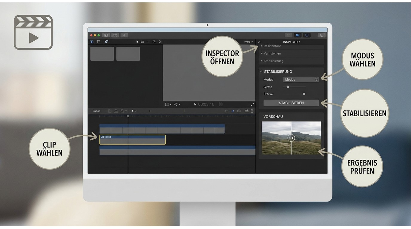 DaVinci Resolve mit markiertem Clip und geöffnetem Bereich „Stabilisierung“