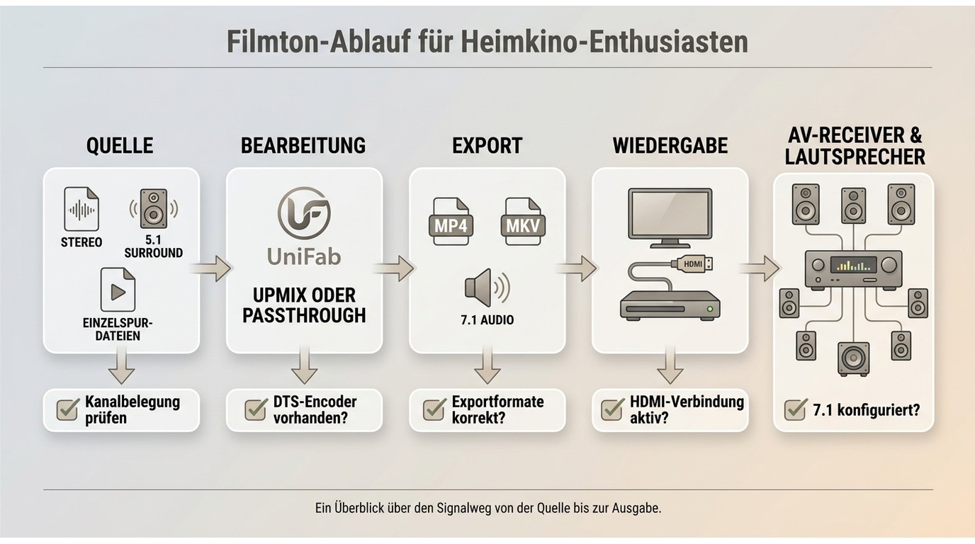 Prüfkette von Quellton über UniFab bis AV-Receiver und 7.1-Lautsprechern