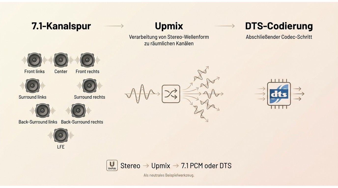 Unterschied zwischen 7.1-Kanalspur, Upmix und DTS-Codierung