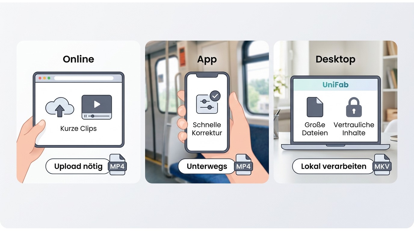 Online, App und UniFab Desktop für kurze Clips, Smartphone-Aufnahmen und vertrauliche Dateien.