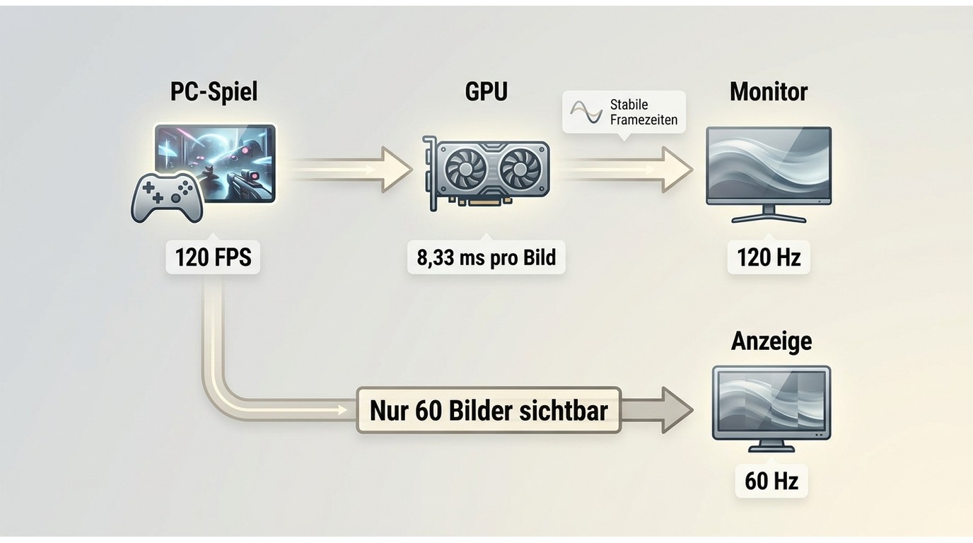 Spiel, GPU und Display zeigen, warum 120 FPS nur mit 120 Hz vollständig sichtbar werden.
