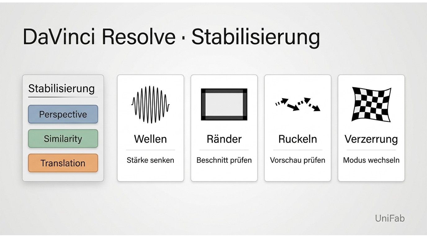 Fehlerbilder bei DaVinci-Resolve-Stabilisierung mit Maßnahmen gegen Ränder und Verzerrungen
