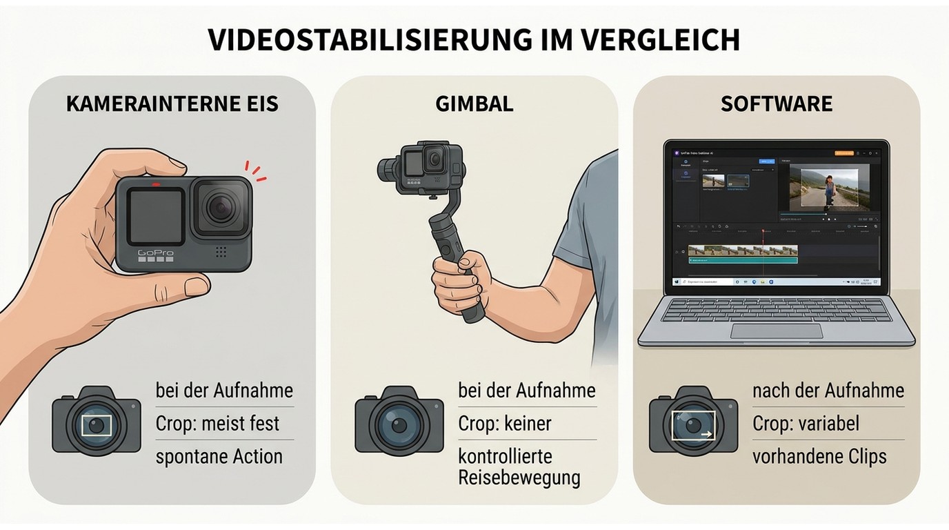 Vergleich von GoPro-EIS, Gimbal und UniFab-Software nach Einsatz und Crop