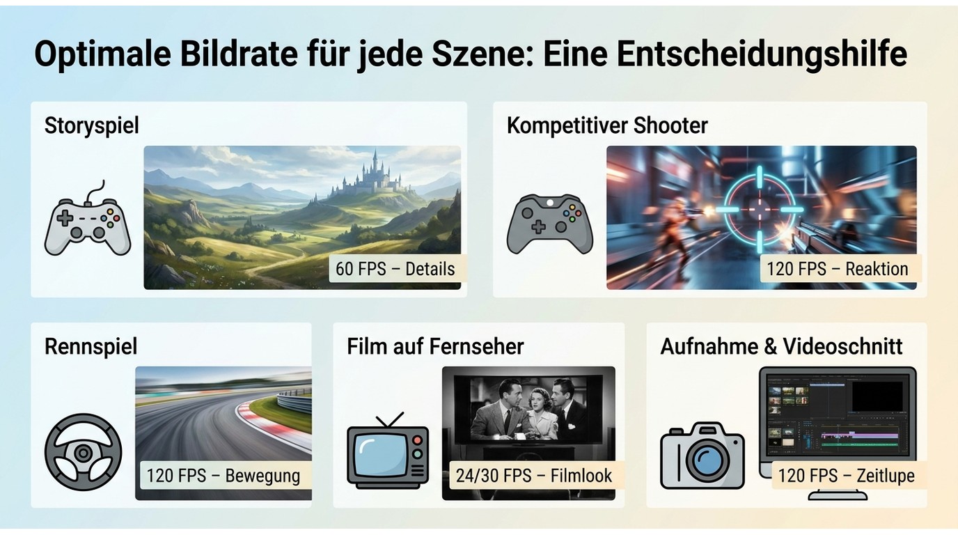 Empfohlene Bildraten für Storyspiele, Shooter, Rennspiele, Filme und Zeitlupe.