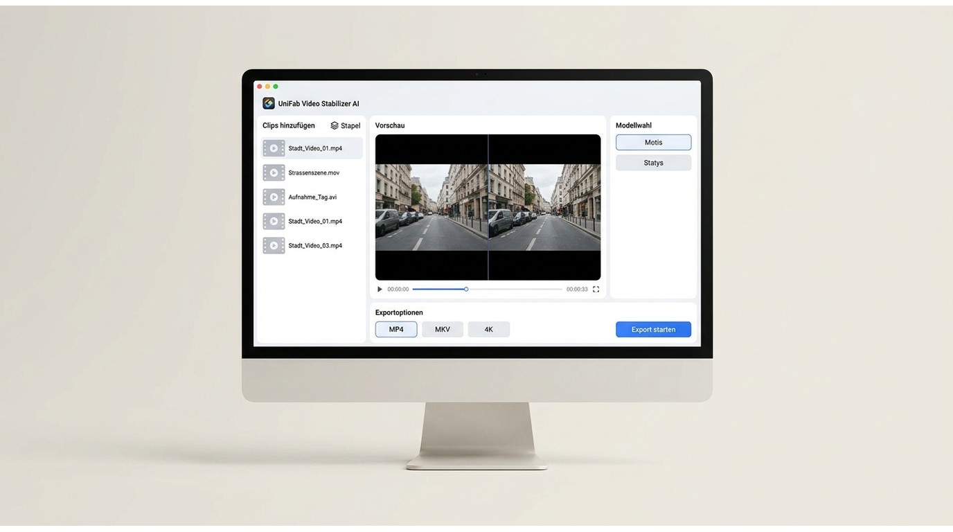 UniFab Video Stabilizer AI mit Stapelclips, Motis oder Statys und 4K-Export.