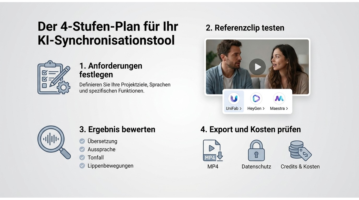 Vier Schritte zur Auswahl eines KI-Synchronisationstools mit Referenzclip und Qualitätsprüfung.