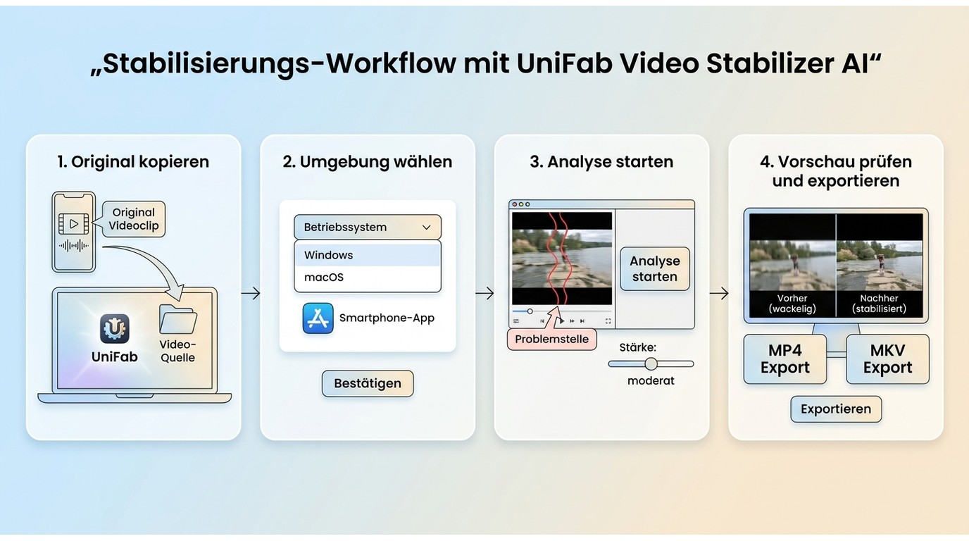 Vier Schritte von der Originalkopie bis zum stabilisierten Export mit UniFab