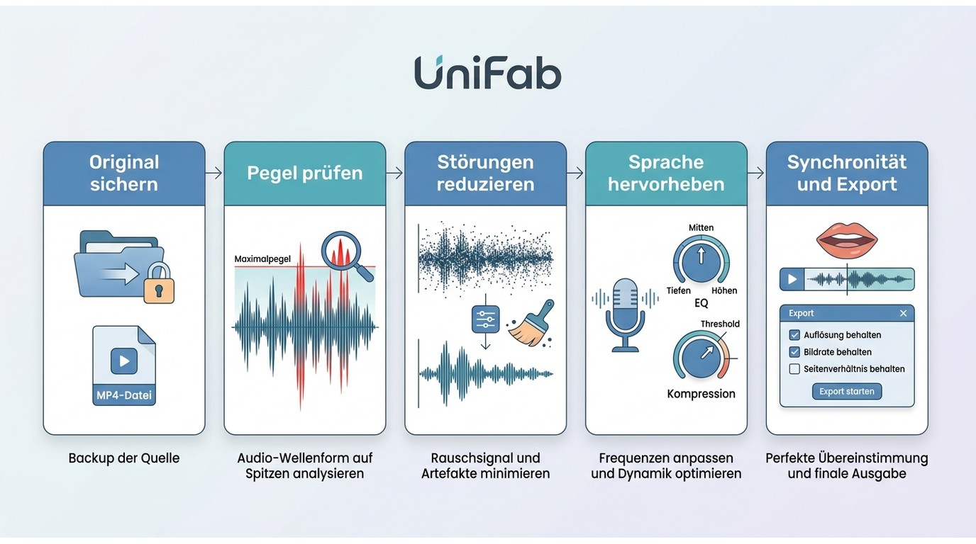 Fünf Schritte in UniFab: Original sichern, Ton bereinigen und MP4-Synchronität prüfen.