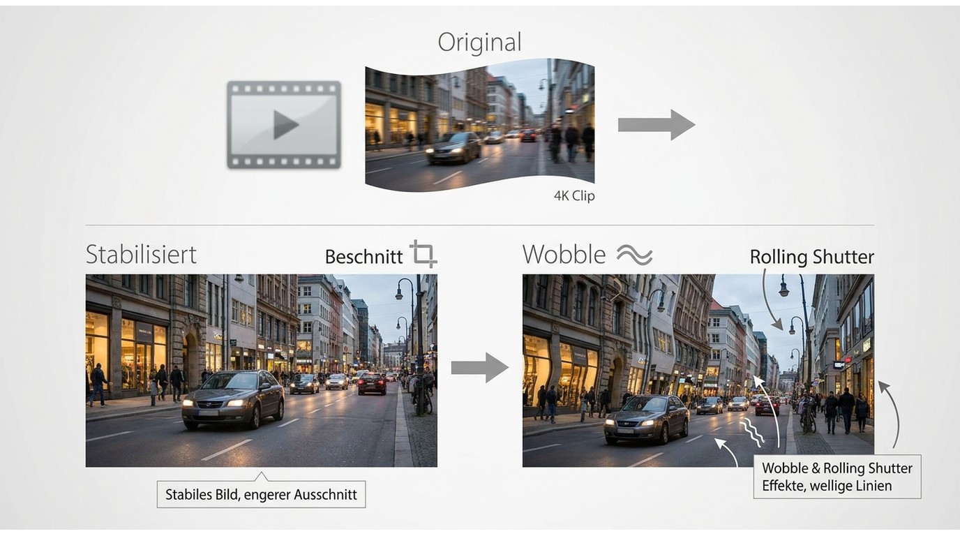 Stabilisierung eines 4K-Clips mit Beschnitt, Wobble und Rolling-Shutter-Artefakten.