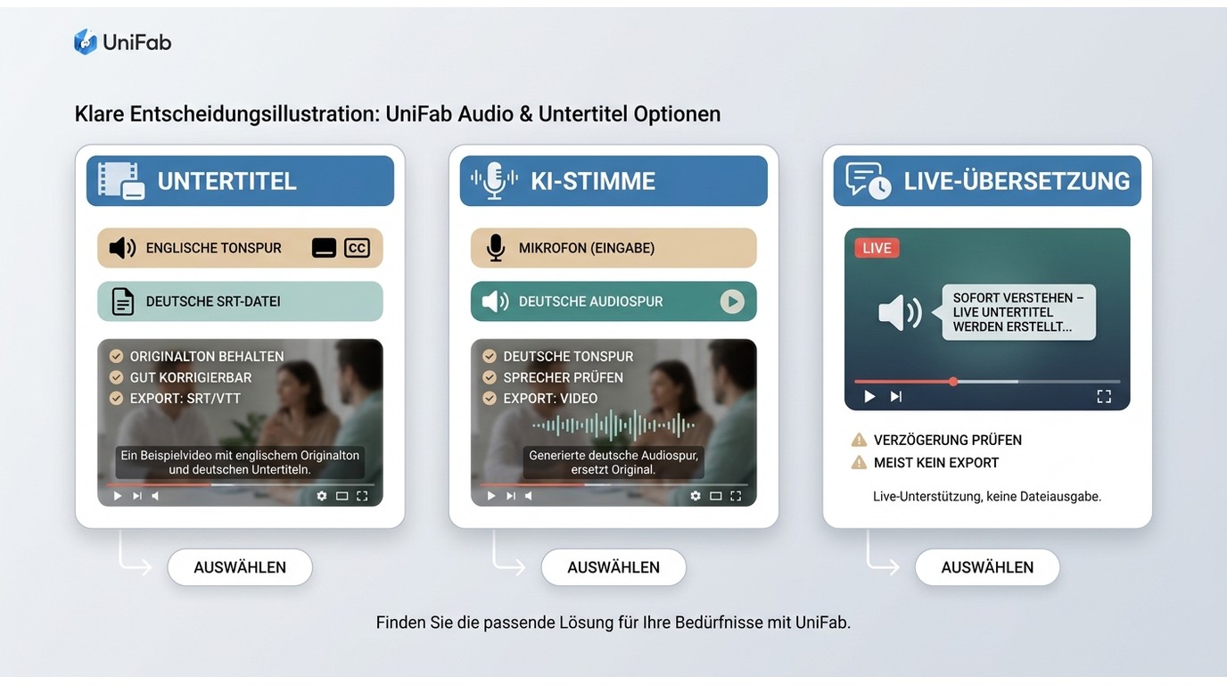 Vergleich von Untertiteln, KI-Stimme und Live-Übersetzung für UniFab-Videos.