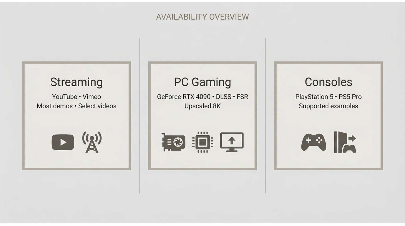 8K content availability across YouTube, Vimeo, RTX 4090 gaming, and PS5 Pro.