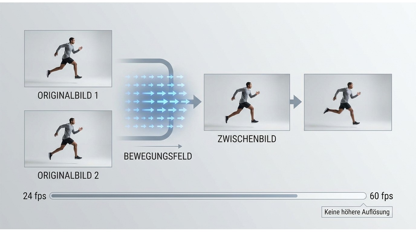KI ergänzt zwischen zwei Originalframes ein Bewegungsbild und erhöht 24 fps auf 60 fps.