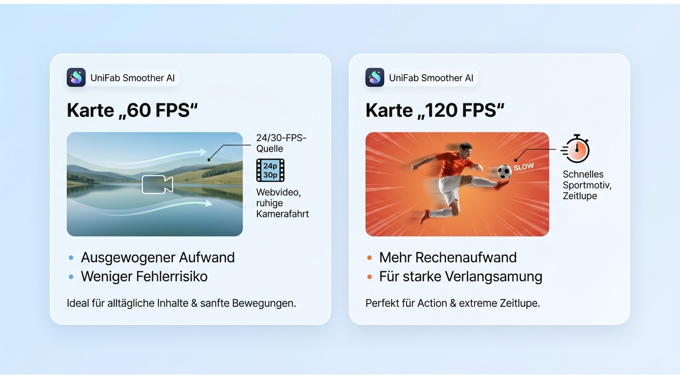 60 FPS für die meisten Videos gegenüber 120 FPS für Zeitlupe und schnelle Bewegung in UniFab.