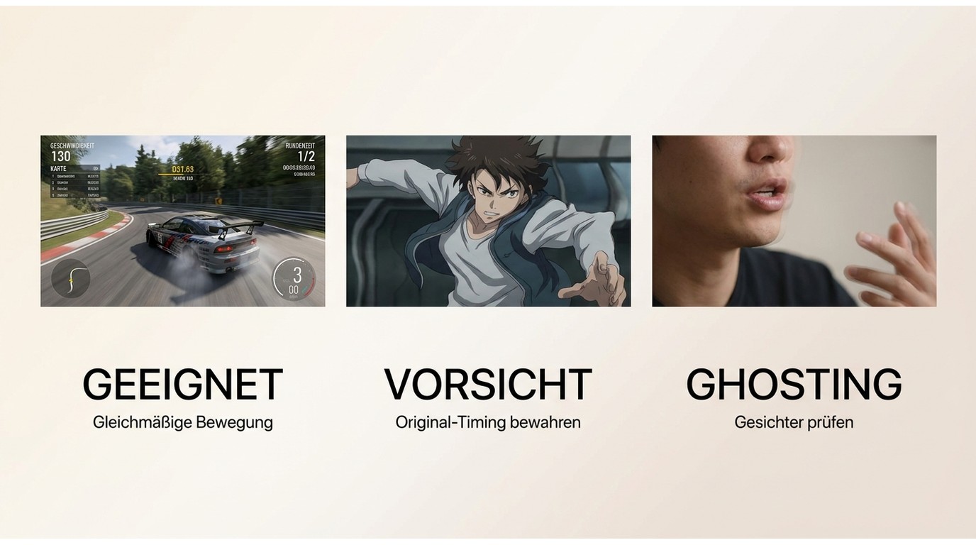 Gaming, Anime und Gesichter zeigen unterschiedliche Chancen und Artefakte bei KI-Frame-Interpolation