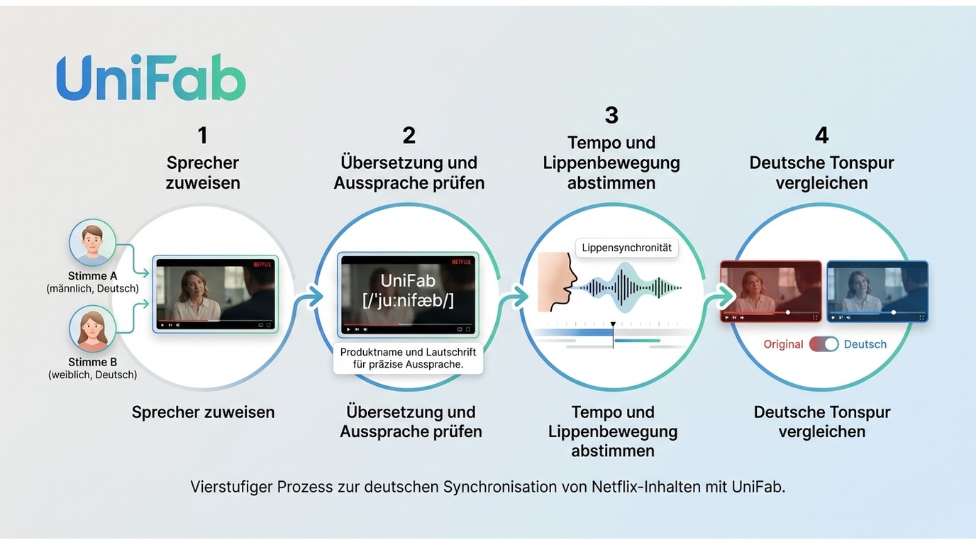 UniFab-Workflow für deutsche KI-Stimmen mit Sprecherzuordnung und Lippensynchronität.