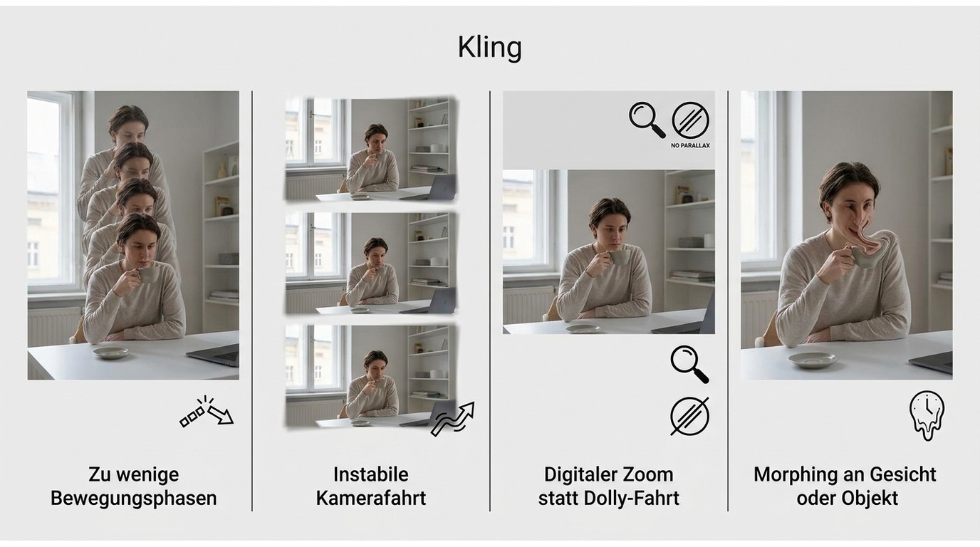 Kling-Beispiele für niedrige Bildrate, Kamerawackeln, Digitalzoom und Morphing