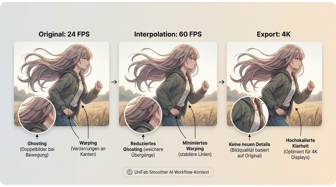 24-zu-60-FPS-Interpolation zeigt Ghosting, Warping und fehlende neue 4K-Details.