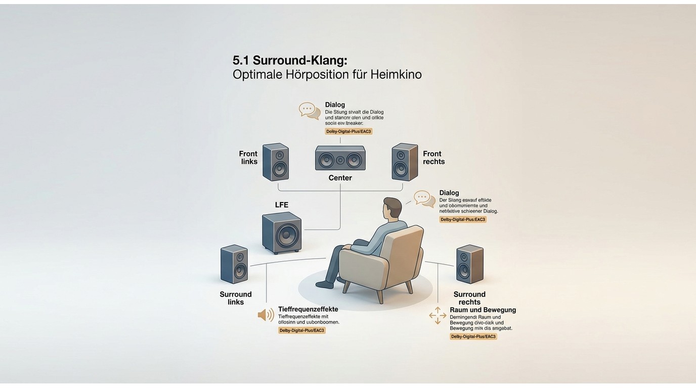 5.1-Lautsprecher mit Kanalbelegung für Dialog, Bass und Surround