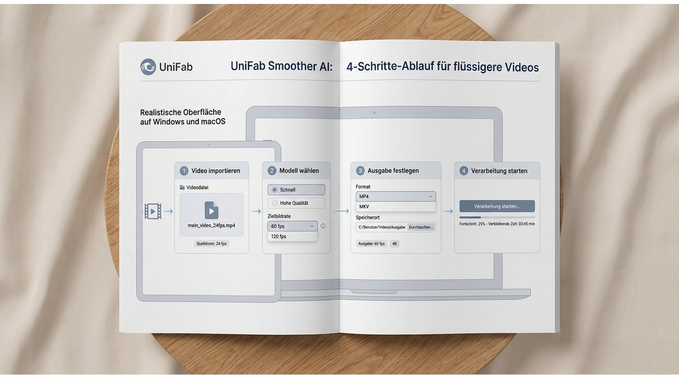 UniFab Smoother AI: Video importieren, Modell und Ziel-FPS wählen, MP4 oder MKV exportieren.