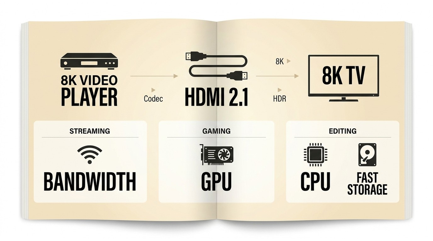 8K playback chain connecting player, codec, HDMI 2.1, internet, GPU, and 8K TV.