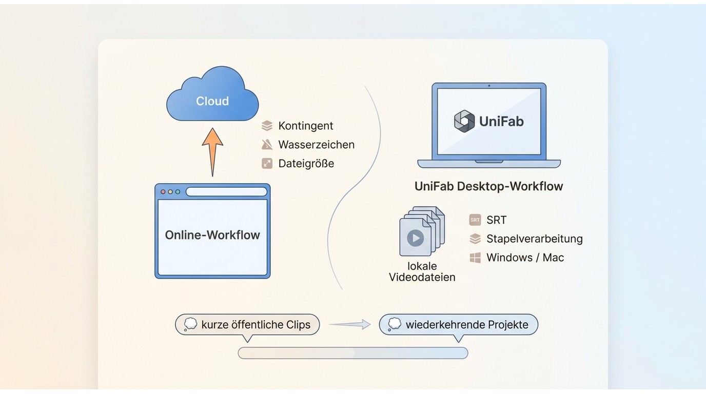 Online-Upload und UniFab-Desktop-Workflow im Vergleich zu SRT, Datenschutz und Stapelverarbeitung.
