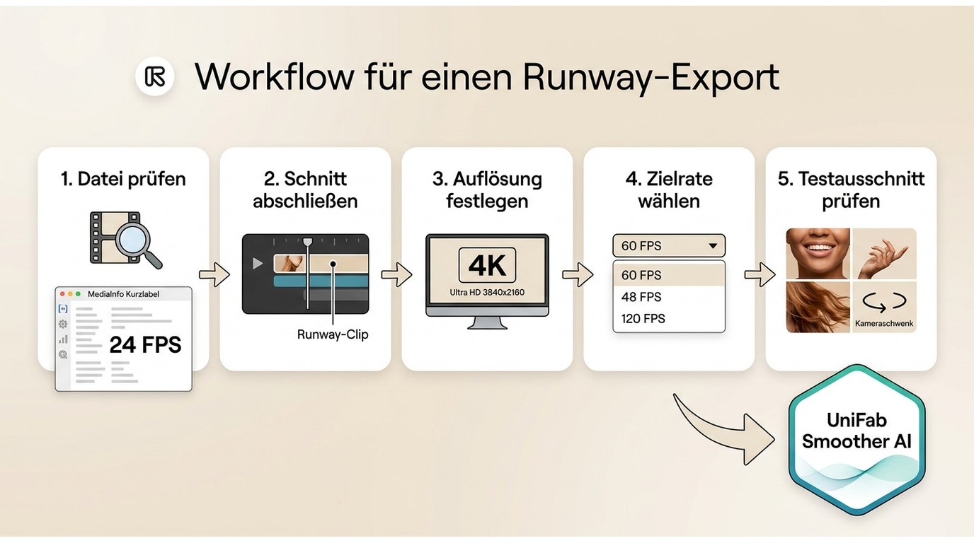 Vorbereitung eines Runway-Videos von MediaInfo-Prüfung bis Testausschnitt vor der Interpolation.