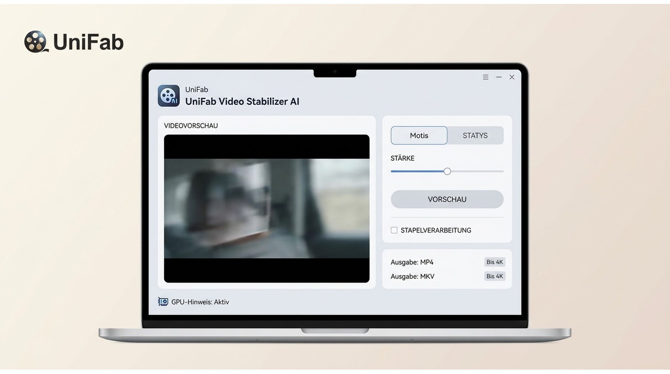 UniFab Video Stabilizer AI mit Motis, Statys, Vorschau und 4K-Export