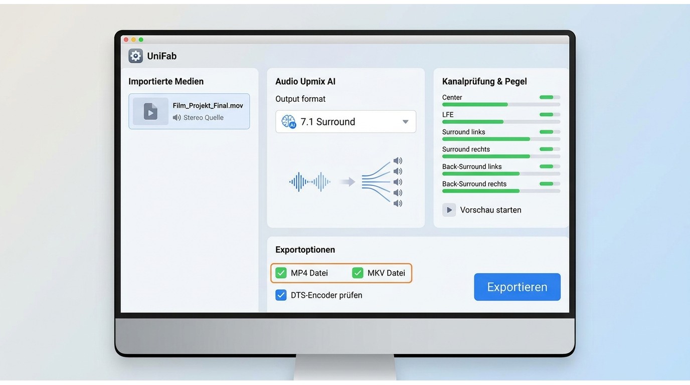 UniFab mit Stereoquelle, 7.1-Kanalprüfung und MP4- oder MKV-Export