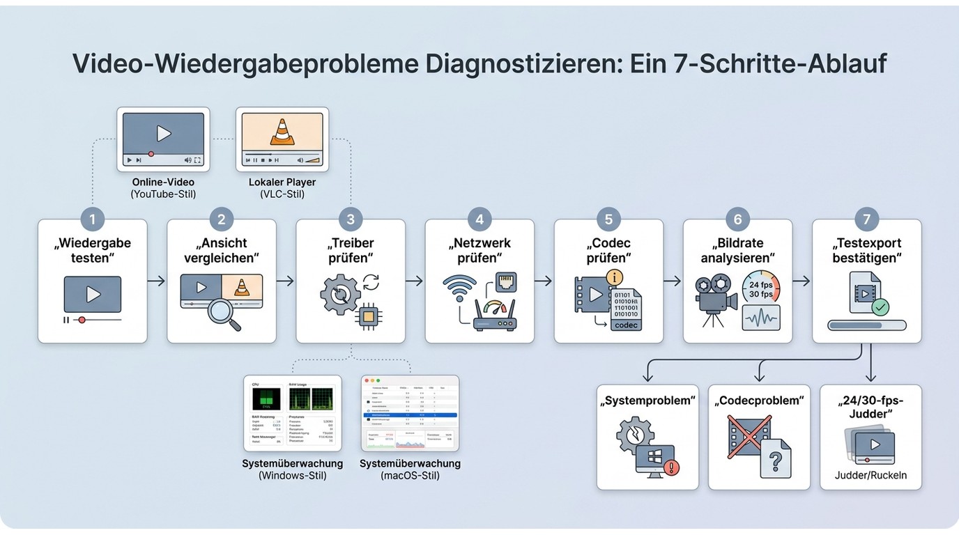 Sieben Schritte zur Diagnose von Video-Ruckeln auf Windows, macOS, YouTube und VLC.