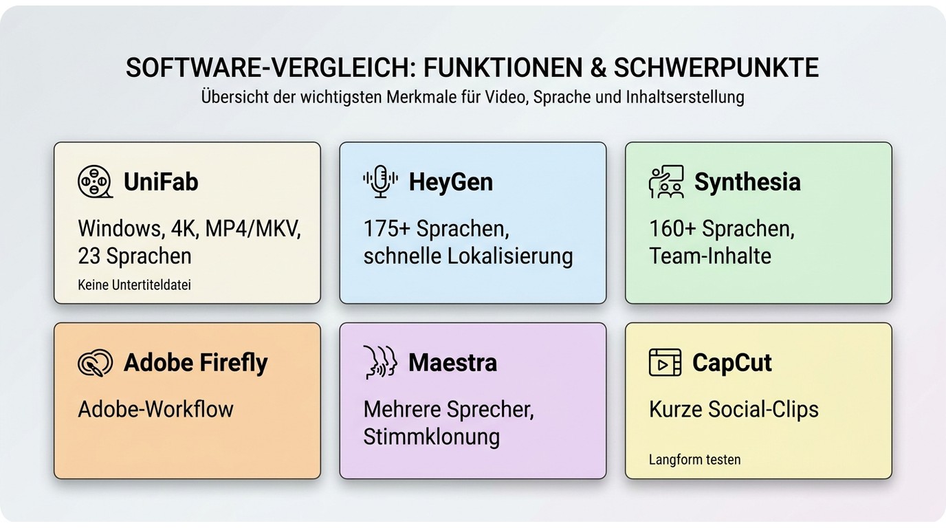 Vergleich von UniFab, HeyGen, Synthesia, Adobe Firefly, Maestra und CapCut nach Einsatzgebiet.