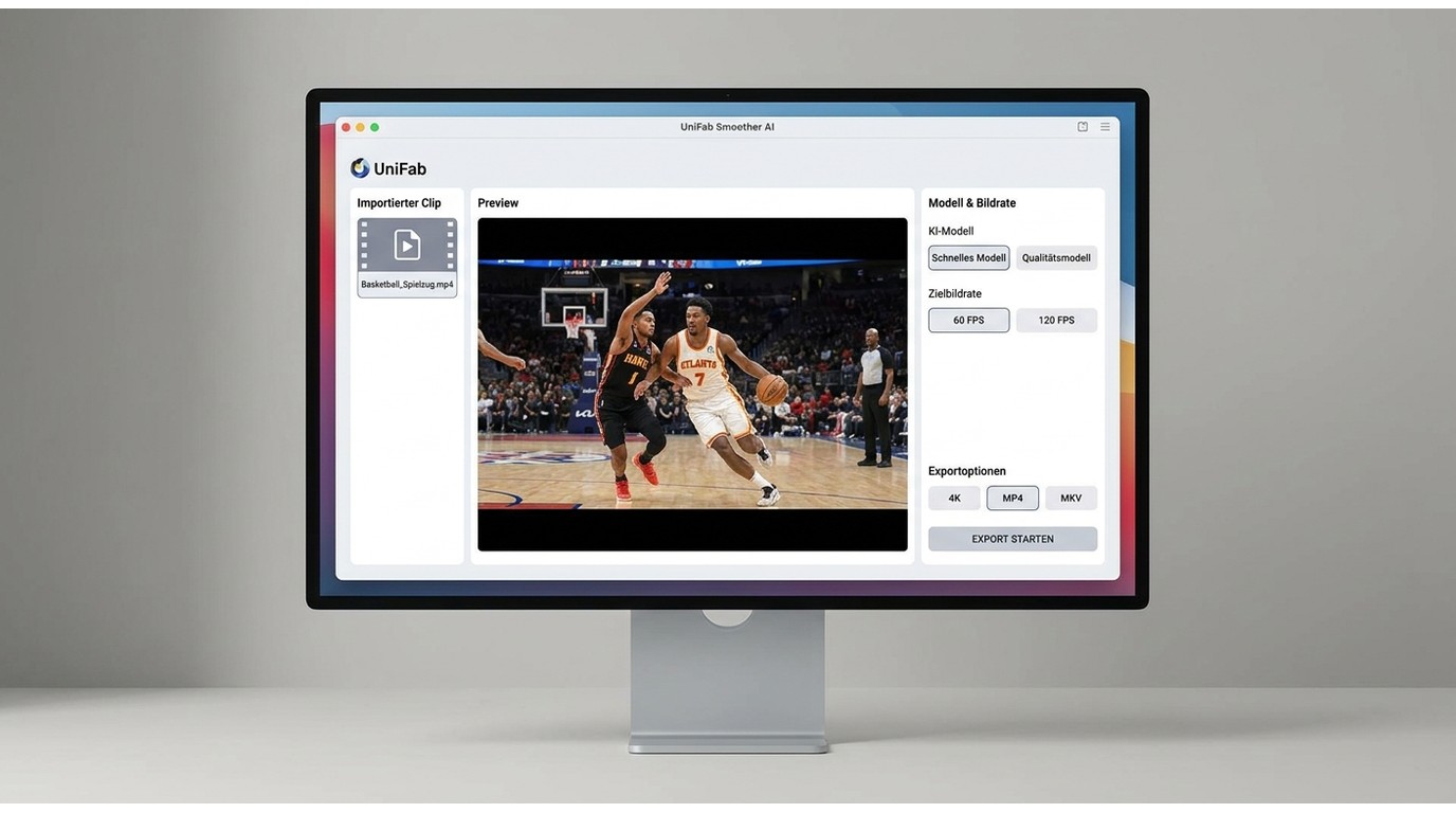 UniFab Smoother AI mit Modellauswahl, 60 oder 120 FPS und 4K-Export als MP4 oder MKV.