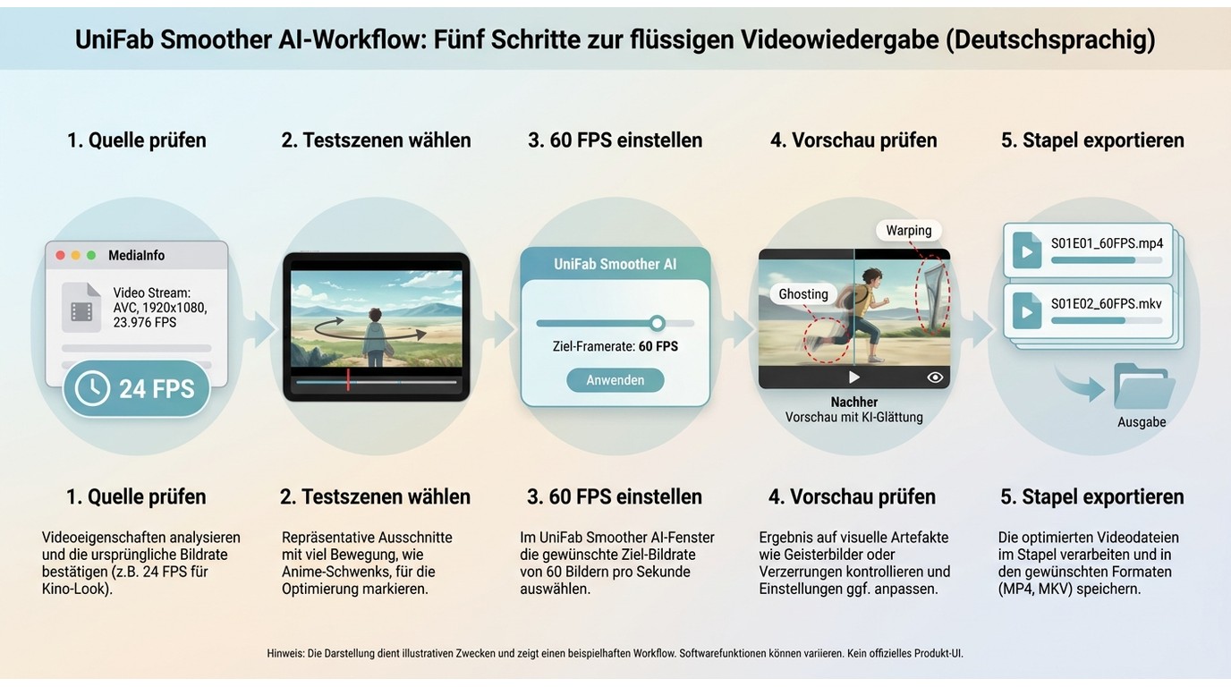 UniFab Smoother AI Workflow von Quellenprüfung bis geprüftem MP4- oder MKV-Export.