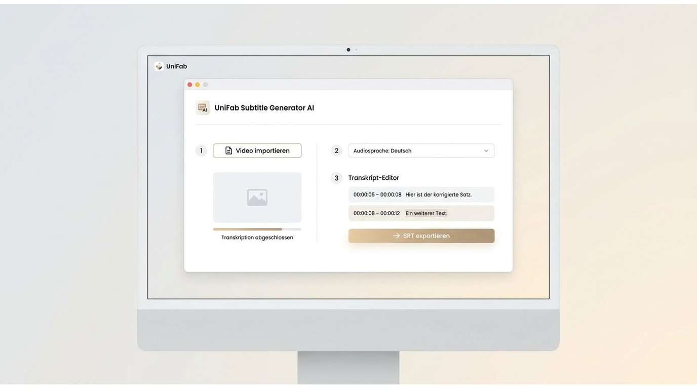 UniFab-Workflow mit Videoimport, deutscher Audiosprache, Untertitelkorrektur und SRT-Export.