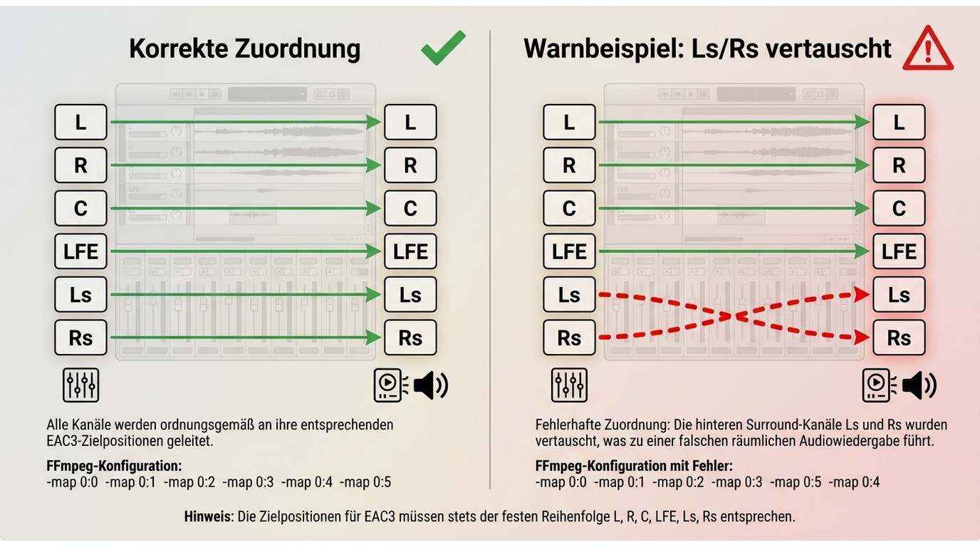 Kanalzuordnung von L, R, C, LFE, Ls und Rs für EAC3 5.1