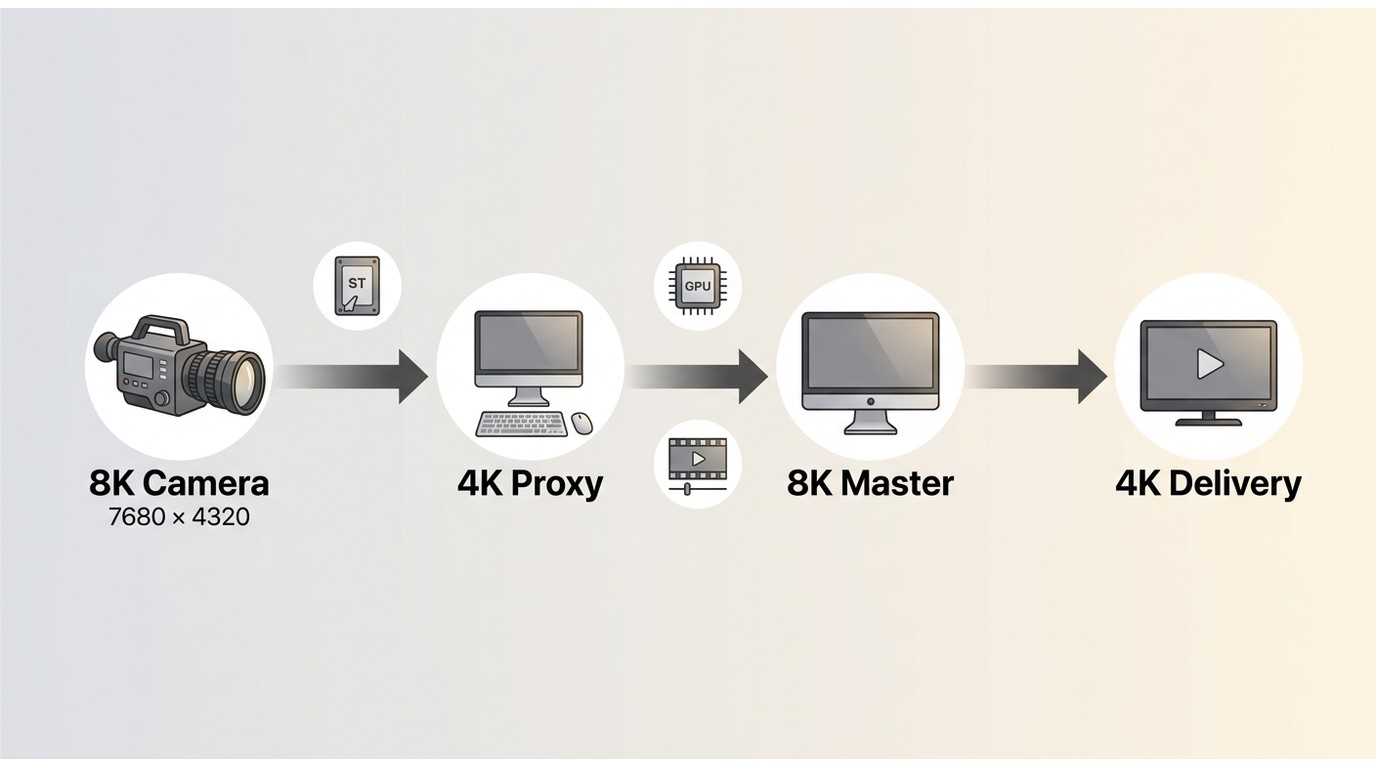 8K recording workflow from camera footage through proxy editing to 8K and 4K exports.
