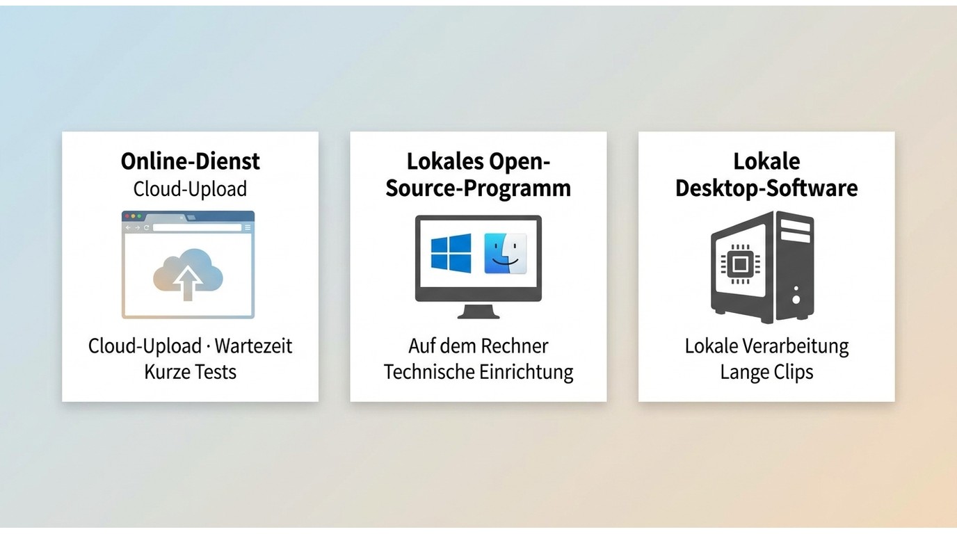Online-Dienst, lokale Open-Source-Programme und Desktop-Software unterscheiden sich bei Datenweg und