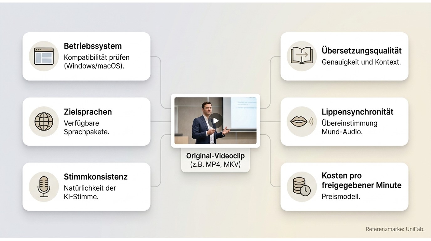 Kriterien für die Auswahl eines KI-Tools nach Stimme, Lippenbewegungen, Formaten und Kosten.