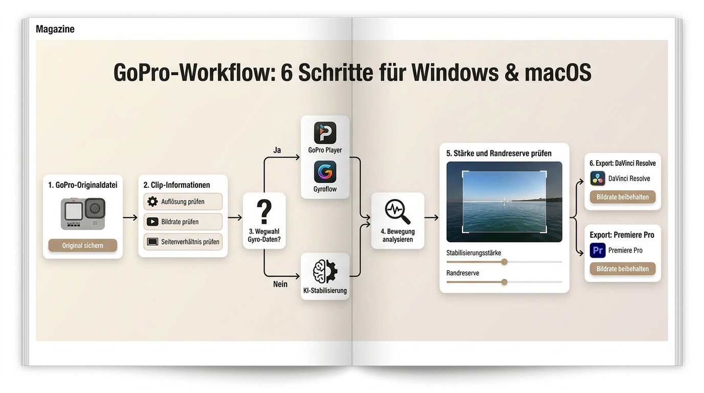 Ablauf zur Stabilisierung eines GoPro-Clips mit Gyroflow, DaVinci Resolve und Premiere Pro.