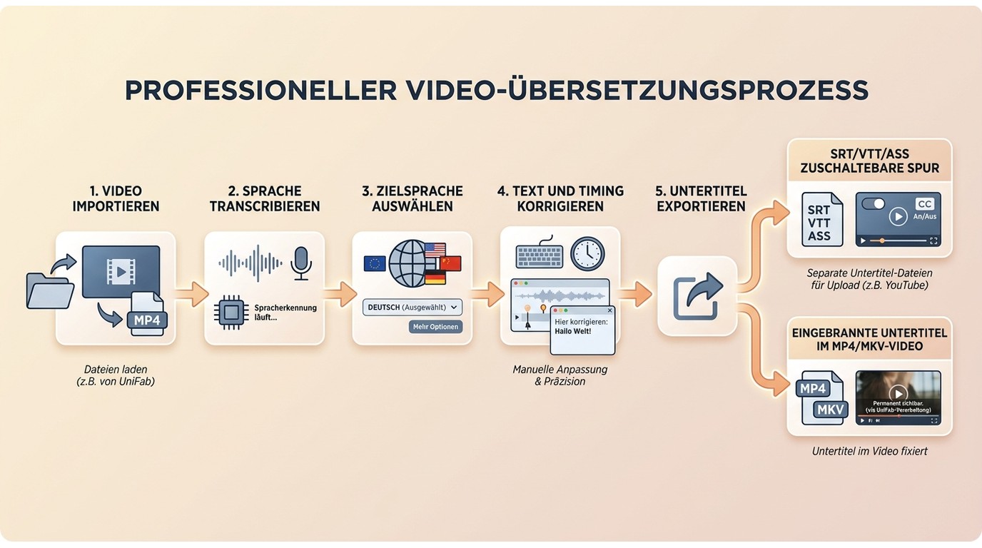 Ablauf der Untertitelübersetzung von Import und Transkription bis zum Export als SRT oder Video