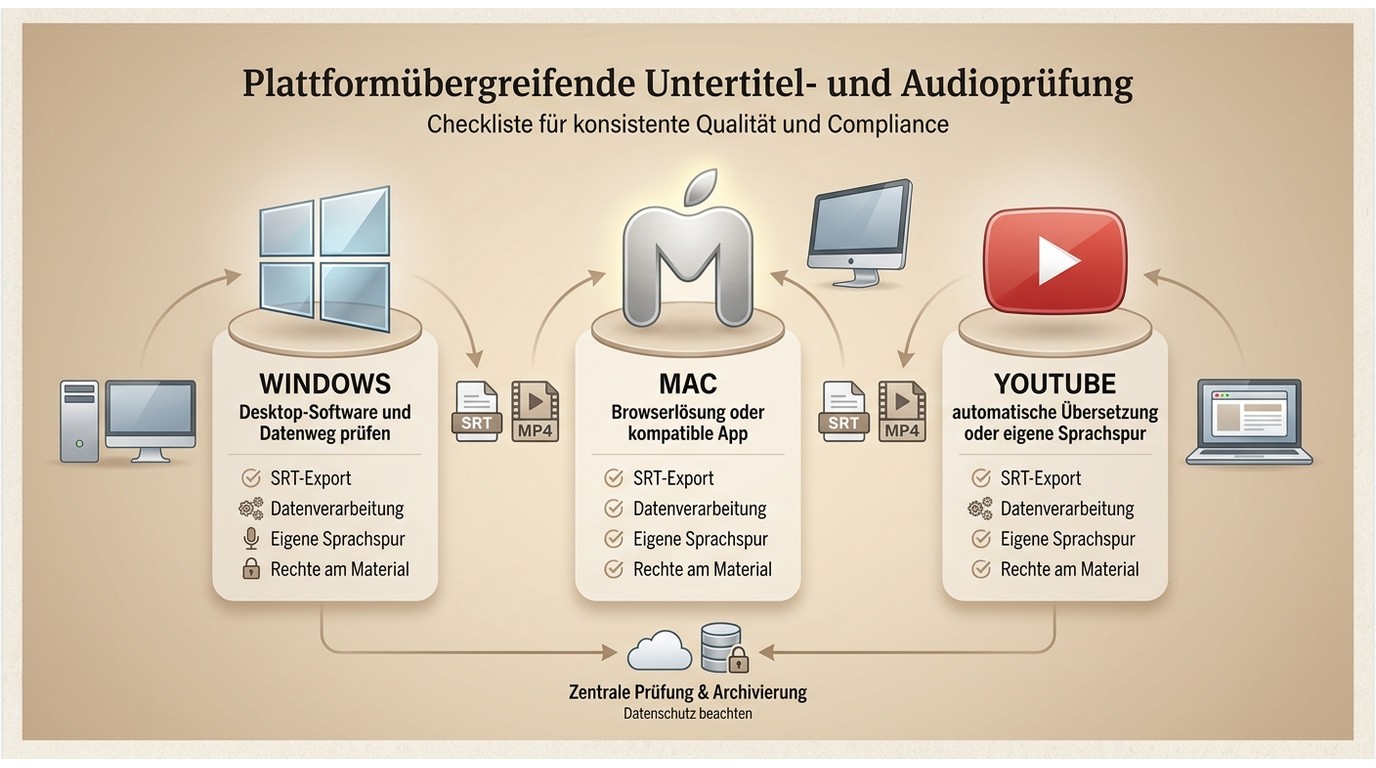 Windows, Mac und YouTube im Vergleich bei Datenweg, SRT-Export und eigener Sprachspur
