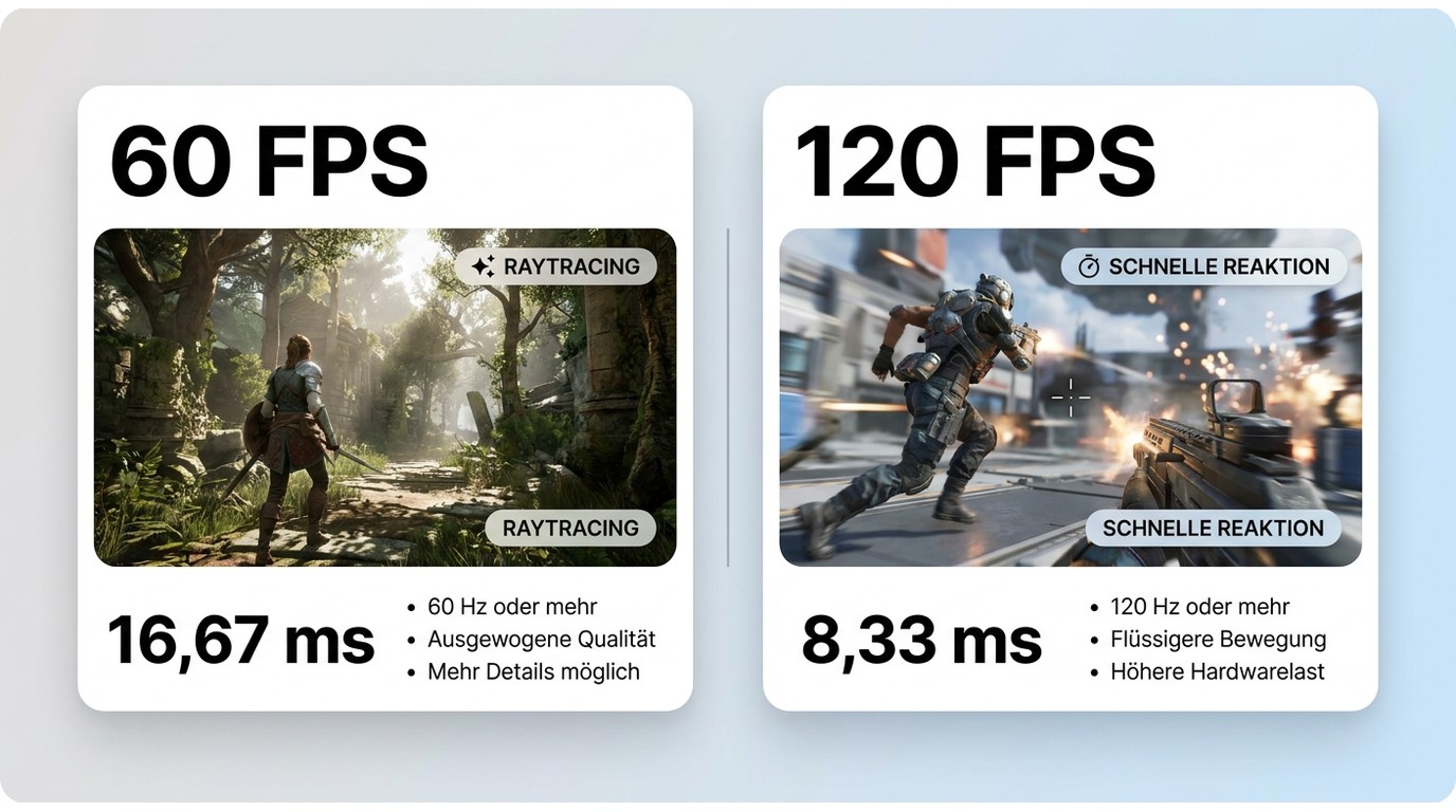 Vergleich von 60 und 120 FPS bei Framezeit, Display, Bilddetails und Reaktionsgefühl.