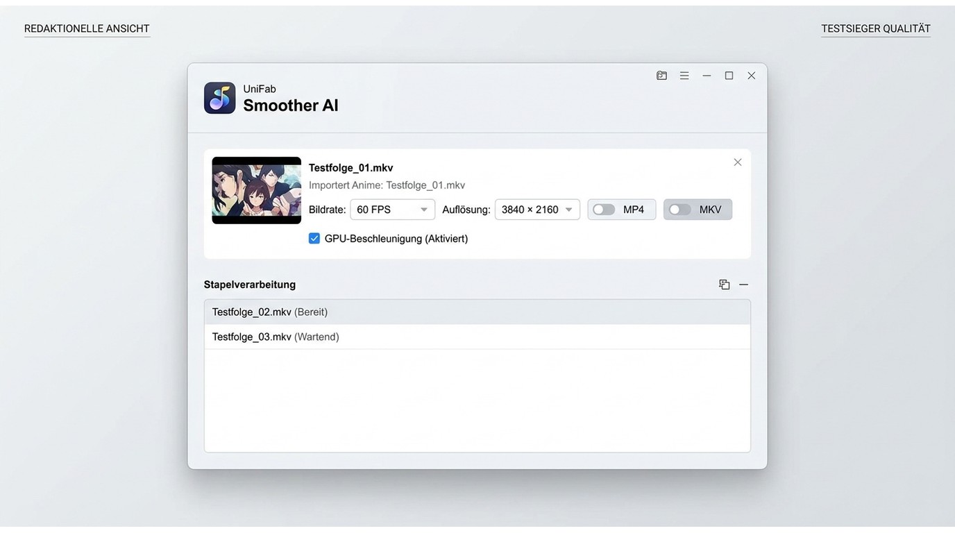 UniFab Smoother AI mit 60 FPS, 4K, MP4/MKV und Stapelverarbeitung.