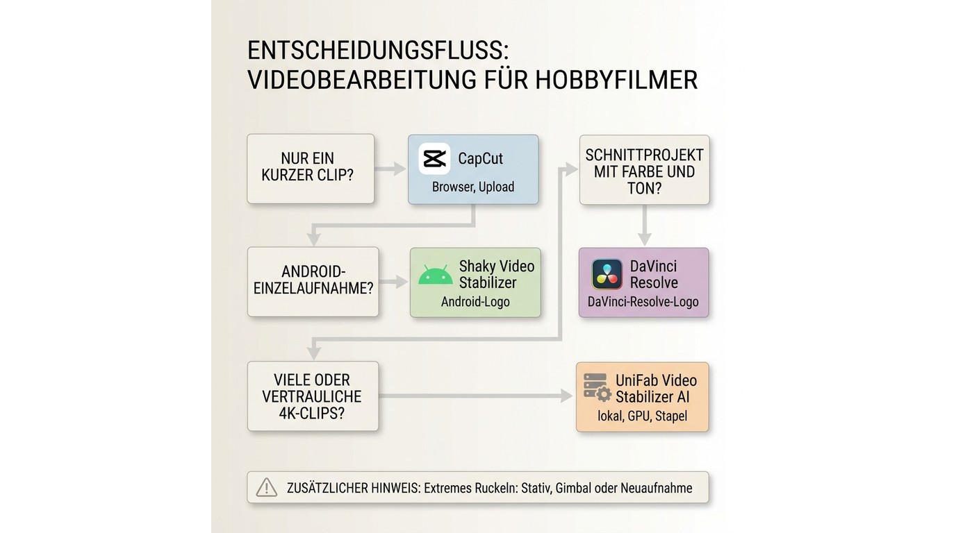 Entscheidungshilfe für CapCut, Shaky Video Stabilizer, DaVinci Resolve und UniFab.