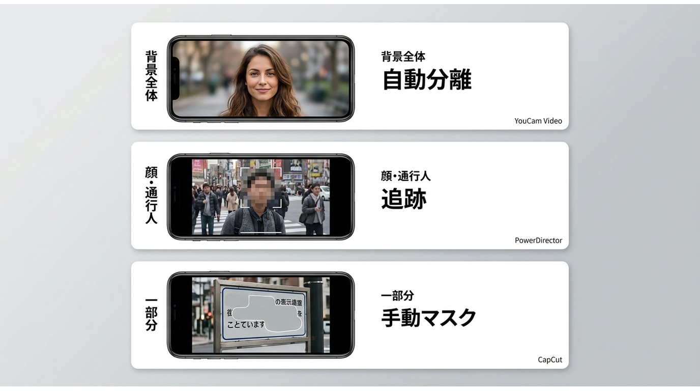 背景全体、顔、看板など対象別のぼかし機能選び