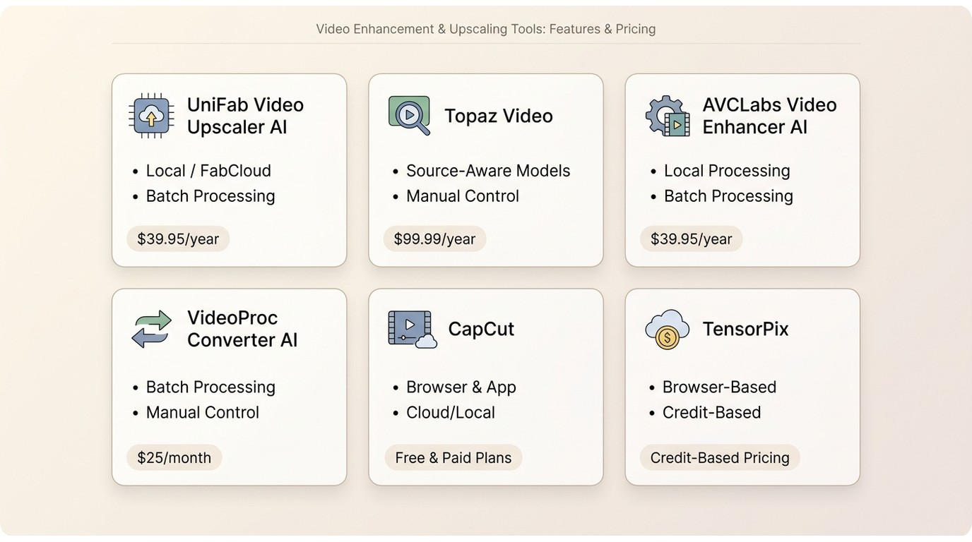 Comparison of UniFab, Topaz, AVCLabs, VideoProc, CapCut, and TensorPix by workflow, controls, and pr