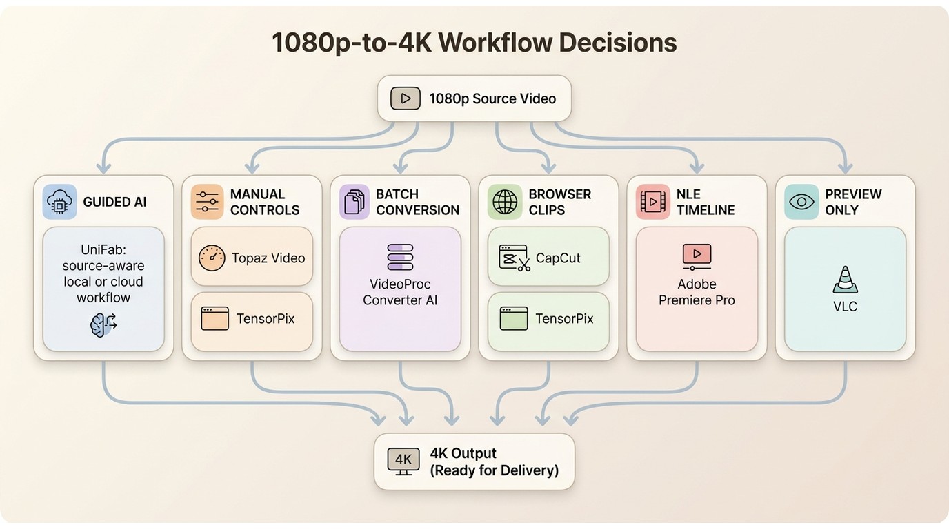 Decision guide matching UniFab, Topaz, VideoProc, TensorPix, CapCut, Premiere Pro, and VLC to workfl